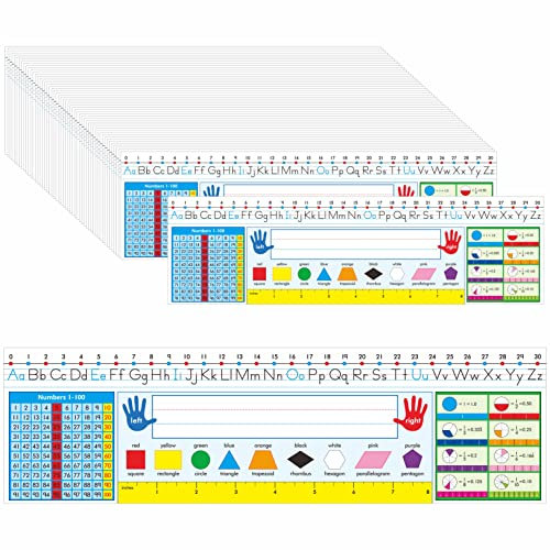 36 placas de nombre de escritorio, etiquetas de nombre de escritorio de película PET de doble cara con alfabeto, números, fracciones, formas, colores y regla, placa de nombre de manuscrito (35 x 10cm)