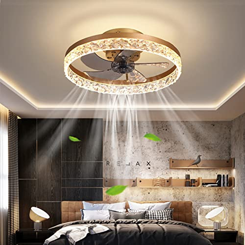 YUNZI 19.7 Ceiling Fan with Light and Remote Control, Indoor LED 30W Dimmable Ceiling Lamp Modern Low Profile Ceiling Fans for Living Room Bedroom Lighting, 6 Speeds, Dimming Lights, Gold