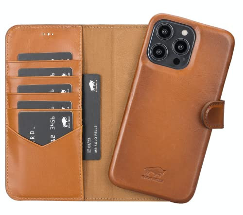 Solo Pelle Lederhülle kompatibel für iPhone 14 Pro Max in 6.7 Zoll abnehmbare Hülle (2in1) inkl. Kartenfächer für das original Apple iPhone 14 Pro Max in 6.7 (Vollleder Cognac Braun)