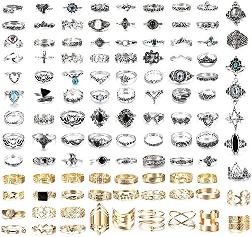 KALVICA 79-128 Stück Boho Fingerringe Set für Damen Herren Mädchen Knöchel Ringe Set Silber Gold Stapelbare Midi Ringe Set Verstellbarer Open Knuckle Ringe Modeschmuck Geschenk