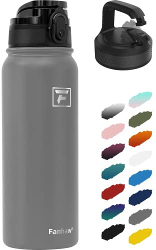 Fanhaw 600ml Trinkflasche Edelstahl mit 2 Deckel (Chug Deckel & Karabiner Deckel) - Für Schule, Kinder, Frauen, Männer | Auslaufsicher & Schweißfest mit Anti-Staub Deckel (Grau)