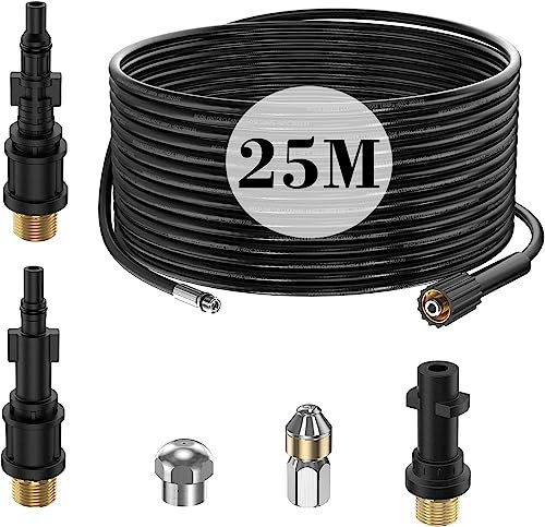 25M Manguera de Limpieza Tuberías para Karcher/LAVOR/Bosch Lavadora de Alta Presión, 180 Bar Desatascador Tuberías con G1/8 Boquillas rígidas + giratoria para Limpiador a Presión Accessoy