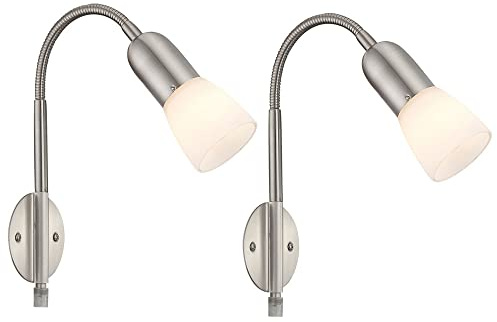 Wandleuchte Leselampe Wandlampe Flexo Schlafzimmer Bett mit Kabel, Spot beweglich, Metall Nickel Glas weiß, 1x E14 Fassung, HxLxBxÜ 46x29,5x23,5x26 cm, 2er Set