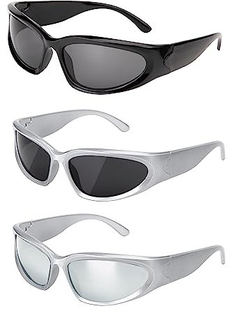 HONGXIN-SHOP Rechteckige Sonnenbrille Futuristisch Sonnenbrillen Y2K Retro Verspiegelte Partybrille für Damen Herren Space Brille Alien Brillen für Party Cosplay 3 Stück