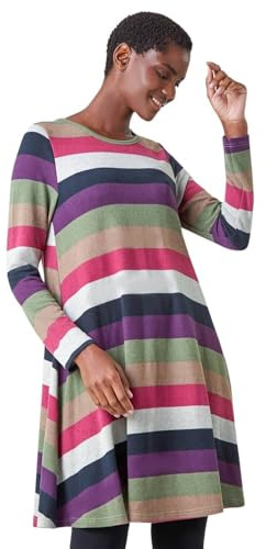 Roman Originals Tunic Dress with Pockets for Women UK Ladies Swing Fit & Flare Skater Slouch Stretchy Casual Smart Winter Jersey Pull On Work Office 3/4 Long Sleeves - Pink - Size 12
