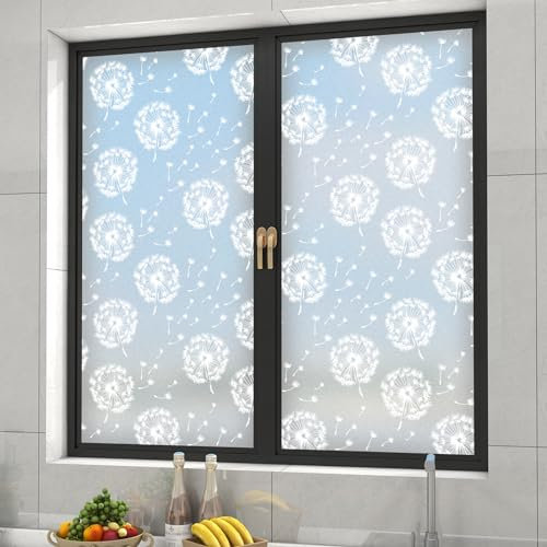 dktie Fensterfolie Blickdicht Fenster Sichtschutzfolie Milchglasfolie Löwenzahn Muster Statische Aufkleber ohne Klebstoff Wiederverwendbar Geeignet für Wohnzimmer, Schlafzimmer, Küche 44.5x200cm (03)
