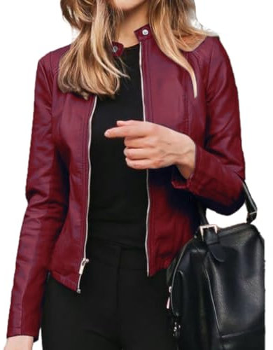 Veste Faux Cuir Courte Moto Bike Blouson pour Femme Bomber Jacket Col Montant Similicuir Printemps Automne Rouge foncé 3XL