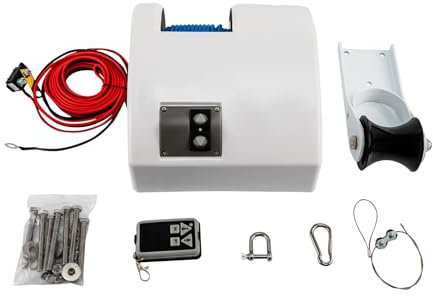 Queeucaer Guindeau électrique, Treuil d'ancre d'eau salée, treuil électrique, Ancre d'eau douce et d'eau salée, pour bateaux avec télécommande sans fil, guindeau marine, 12 V 45 lbs, 70 ft/min, blanc