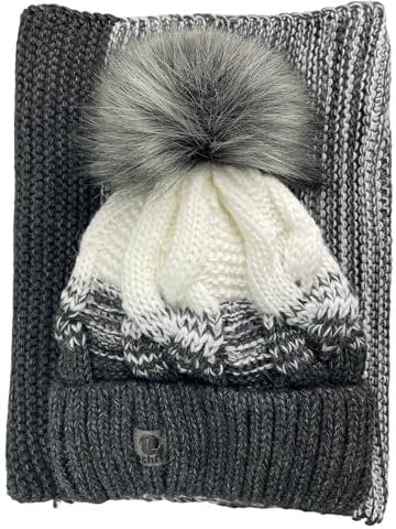 kennydoo Mütze & Schal Set achti I 2 teilig I Damen Kombi - Beanie mit großem Bommel und Loop I kuschelig gestrickt (anthrazit/weiß)