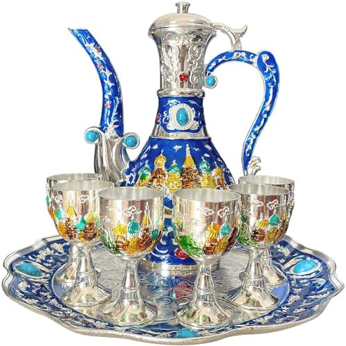 Türkisches Vintage-Kaffeekannen- und Teekannen-Set, Bastel-Teekanne und Tasse, Set mit Tablett und 6 Metallbechern, Teeservice-Set für Teetischdekoration, Hochzeitsgeschenk (Blau und Silber)