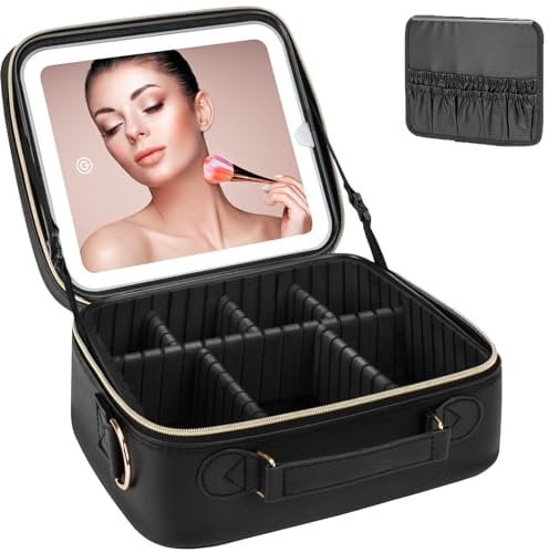 iFalarila Make up Tasche mit LED Spiegel | 3 Farben und stufenloser Dimmbarkeit| Großer Pinselstauraum Kosmetiktasche, USB-C Aufladung, Reisebox für Damen, Kosmetikspiegel – Schwarz