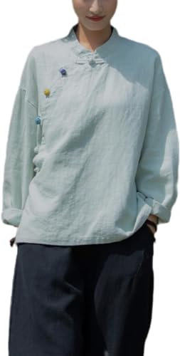 Chemisier chinois Ramie pour femme - Coton et lin - Chemise Hanfu d'été traditionnelle - Costume de méditation avec manches longues - Tunique rétro - Costume de méditation, vert clair, S