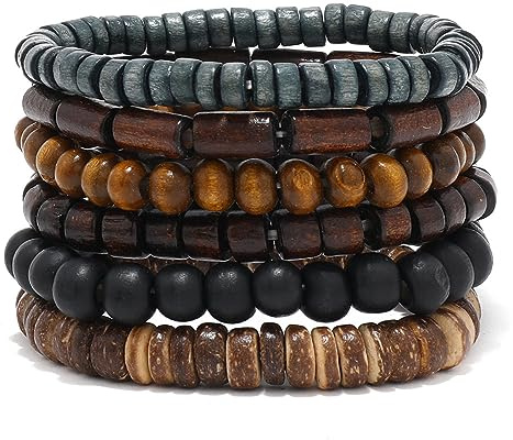 JAVMOO Wooden Beads Bracelet for Men Leather Wrap Hemp Cords Wood Beads Ethnic Tribal Bracelets Wooden Wristbands
