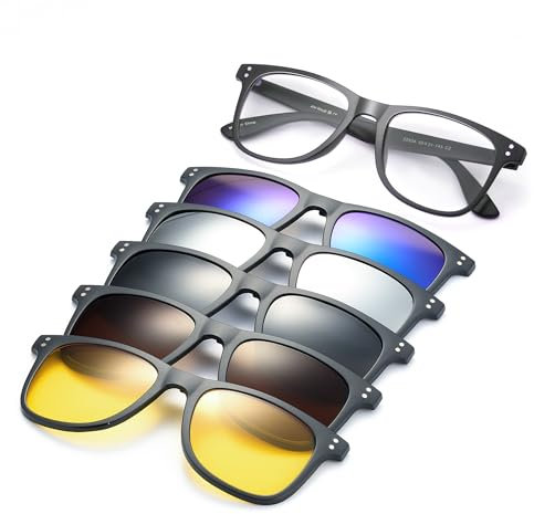 JIM HALO Magnetisch 5Pcs Polarisiert Clip auf Sonnenbrille für Männer & Frauen Quadratische Brille Fit über Nacht Fahren 2282A