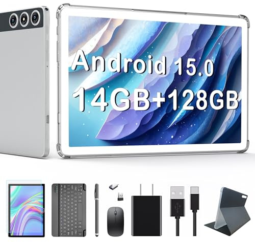 2026 Latest Android 15 Tablet, 10 inch Tablet with 128GB Storage 1TB Expandable 14GB RAM, Dual 4G Cellular Tablets with keyboard Support 5Ghz WiFi/Bluetooth 5.0, Octa-Core Processor, FHD IPS Screen