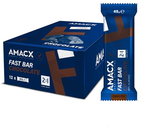 AMACX Energieriegel Fast Bar mit 40% Mandelanteil – Vegane Riegel 12er Pack – Healthy Snacks für Ausdauersportler – Power Bar mit Kohlenhydratverhältnis 2:1 – Schokolade