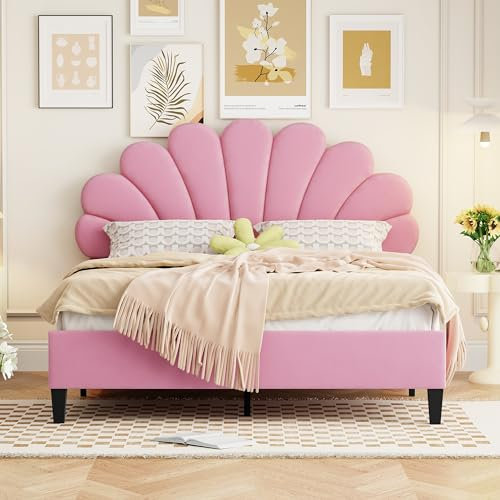 Dolamaní Polsterbett 140x200 cm Rosa, Bettgestell mit Lattenrost & Kopfteil, Blumenform Gepolstertes Gästebett, Jugendbett, Hautfreundlichem Samtstoff