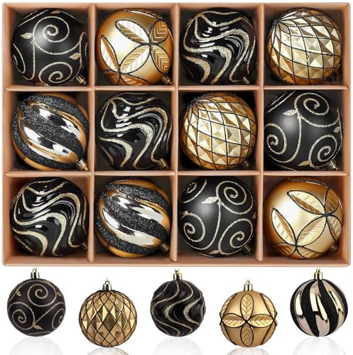 Alupssuc 3.15/80mm Christmas Balls Ornaments, 12Pcs Christmas Tree Decorations, Shatterproof Christmas Hanging Baubles Set with Hooks for X-mas Party Wedding Holiday Decor, Black & Gold