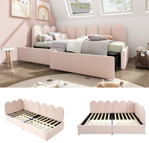 Letto imbottito 90 x 200 cm con cassetti, rivestimento in velluto rosa, divano letto multifunzionale, con rete a doghe, per ragazzi e adulti, salvaspazio (senza materasso)