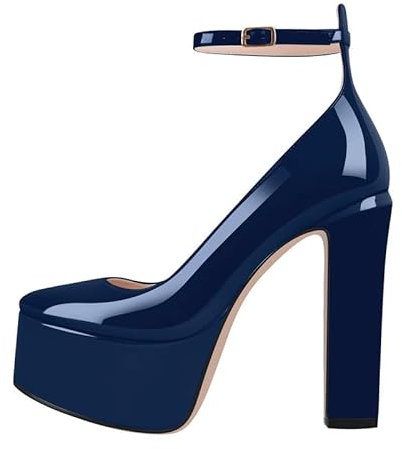 MissHeel Plateau Pumps Mary Janes Riemchenpumps mit Schnallen Riemchenschnallen Knöchelriemchen Blockabsatz Dunkelblau 41 EU