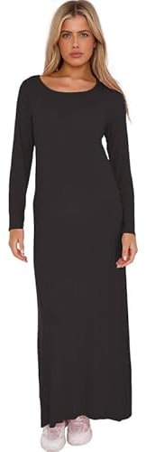 Fashion Flair Long Sleeve Maxi Dresses for Women UK Plus Size Ladies Round Neck Full Length Maxi Dress Top 8-26 Black