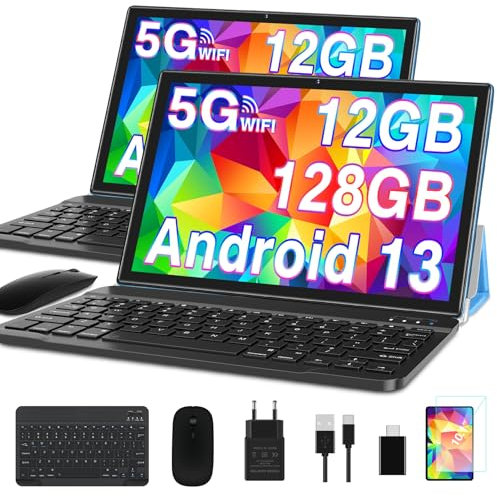SUAAT Newest Tablet Android 14 10 Pollici 22GB RAM+128GB ROM(1TB TF), 8000 mAh,Octa-Core T606,2.0Ghz, WiFi5G+2.4G, GPS, 8MP + 5MP, Bluetooth 5.0,Cast, Tablet PC con Custodia, Tastiera e Mouse, Blu