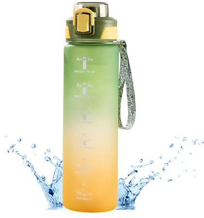 Renko Water Bottle, 1 Litre, Dishwasher Safe, BPA-Free, Sports Bottle with Time Marking for Fitness, Water Bottle with Locking Lid and Leak-Proof (Green)