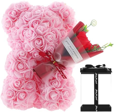 Yonuaret Ours en Roses, Bear Nounours Flower Ours Saint Valentin Decoration, Ours en Fleurs Roses avec Boîte Transparente Ours Eternelle pour Maman, Femme, Petite Amie, Petites Amie, Fille, 24cm