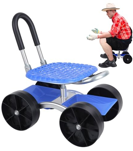 qorkhogr Rollbarer Gartenarbeitssitz mit Rollen, robuster Gartenwagen mit höhenverstellbarem Sitz und Ablageschale, drehbarer Gartenhocker, Mehrzweck-Gartenbank, Wagen für Senioren, Gärtner, Blau