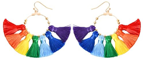 Regenbogen-Ohrringe mit Quasten, Quasten-Ohrringe Für Frauen, Quasten-Charms, Regenbogen-Ohrringe, Modeschmuck, Baumelnde Ohrringe, ethnische Vintage-Ohrringe, Karneval, Mottoparty