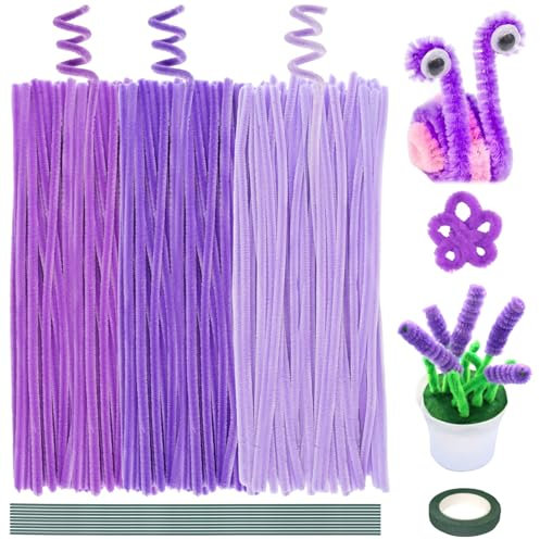 Deepton 300 Stück Pfeifenreiniger, 3 Verschiedene Lila Pfeifenputzer, Chenilledraht Pfeiffendraht, 30cm x 6mm Biegeplüsch Basteldraht mit 10 Eisen-Draht und 1 Band für DIY Bastelprojekte