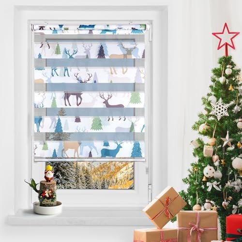 Grandekor Doppelrollo Klemmfix ohne Bohren mit Muster 40 x 150 cm Elchwald | Rollos Stoffbreite 36 cm für Fenster & Tür ,Duo Rollo Sichtschutz & Hitzeschutz für Wohnzimmer Kinderzimmer Badezimmer
