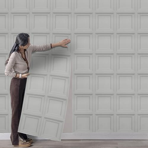 Trafagala 3D Effect Light Gray Panel Wallpaper Wood Panelling Wallpaper Retro Textured Tartan Wall Paper Roll Neutral Art Deco for Living Room Feature Wall Bedroom Ceilings