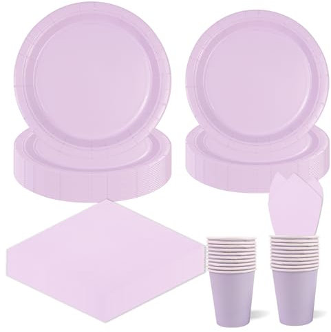 96 Stück Lila Partygeschirr,Lila goldenes Geburtstag Party Pappteller Becher Servietten Partyteller Set,für Geburtstag Kinder Party Dekoration Papier Geschirr Set