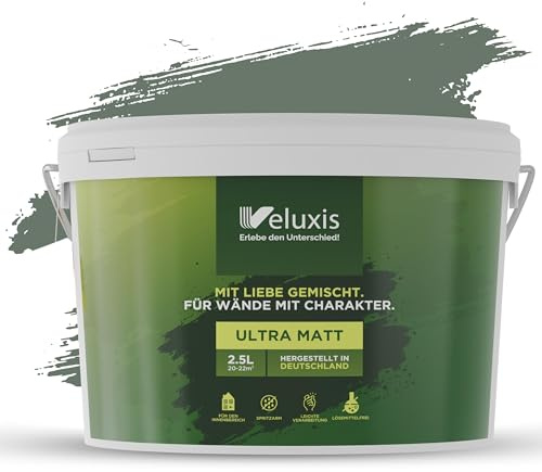 Veluxis® Wandfarbe Grün für den Innenraum - 2,5 Liter & Deckkraft-Klasse 1, Streifenfrei, tropfarm & Öko Farbe, VOC-frei - (Ritzy Rosemary)