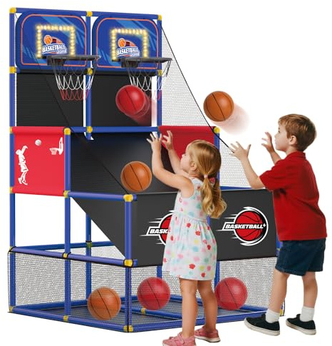QiquBox Jeu Basketball Électronique Double Panier Avec Tableau de Score - Panier de Basketball Enfant 6 Balles - Jouet Sportif Intérieur/Extérieur Cadeau Pour Filles Garçons 3 4 5 6 7 Ans (Bleu)