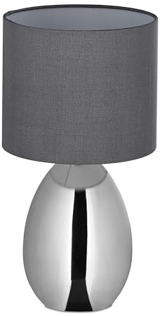Relaxdays Tischlampe, Metallfuß, Stoffschirm, E14, HxD: 33,5x18 cm, Nachttischlampe mit Kabel, Schlafzimmer, Silber/grau