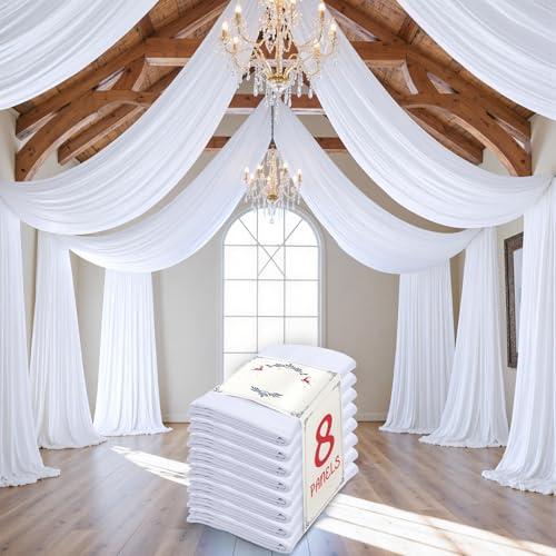 Weißer Deckenvorhang für Hochzeiten, Partys, knitterfreier Polyester-Drapierstoff, weißer Vorhang für Partyzelt, Baldachin, Hotel, Bankett, Halle, Deckendekoration, 8 Paneele, 1,5 x 6,8 m