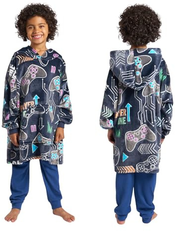 OHS Hoodie Blanket Kids Teenagers Boys Hooded Blanket Gaming Glow In The Dark Soft Warm Sherpa Fleece Wearable Blankets Oversized Hoodie Gaming Gift for Boys Girls, Black -One Size