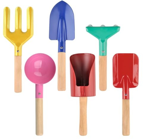 Zambuph 6-teiliges Gartengeräte-Set für Kinder, Rechen, Gabel, Kelle, Holzgriff, Sandspielzeug, Zubehör, Geschenke für Kinder