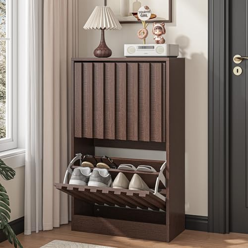 UEV Slim Wooden Shoe Storage Cabinet with 2 Flip Drawers, Modern Narrow Shoe Storage Unit with Ventilated Design, Space-Saving Entryway Shoe Rack, Walnut
