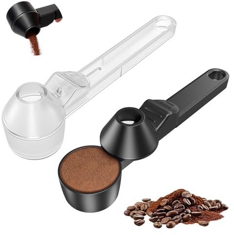 FloralGrace Cucharas Dosificadoras para Café con Embudo Juego De 2 Cucharas Medidoras para Polvo De Café Negro Y Transparente Hechas De Material ABS Diseño Multifuncional