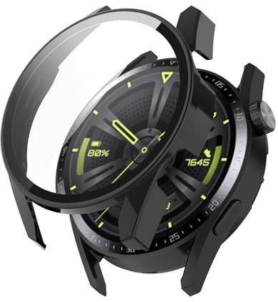 Techsuit für Huawei Watch GT 3 42mm Hülle und Displayschutz mit Gehärtetem Glas, HD Klarheit, Volle Abdeckung, Kratzschutz, Schlankes Design, Defense360 Pro, Schwarz