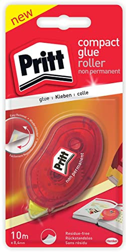 Pritt Roller de colle Compact non-permanent, ruban adhésif double face repositionnable pour papier, carton, photos, verre et plastique, longueur env. 10 m, largeur env. 8,4 mm