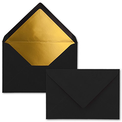 Kuverts in Schwarz - 100 Stück - Brief-Umschläge DIN C6-114 x 162 mm - 11,4 x 16,2 cm - Naßklebung - matte Oberfläche & Gold-Metallic Fütterung - ohne Fenster - für Einladungen
