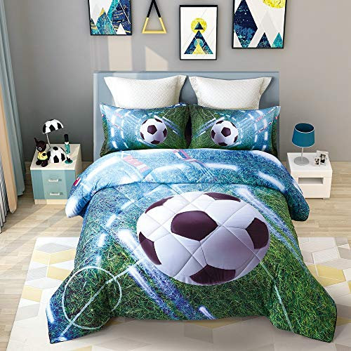 Wowelife Fußball-Bettwäsche-Set, volle Größe, 5-teiliges Fußball-Bettwäsche-Set für Jungen, grün, Spielplatz, Fußball-Bettwäsche-Set, Bett in einer Tasche, bequem und atmungsaktiv, für Jugendliche und