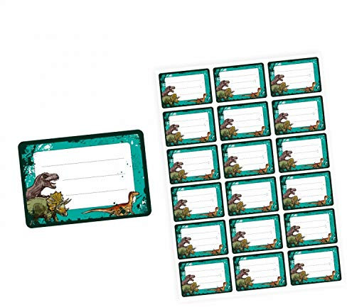 72 Blanko Etiketten Dinosaurier T-Rex grün schwarz - 64 x 45 mm - Namensetiketten Junge Schule Aufkleber Sticker