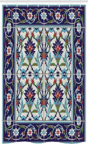 ABAKUHAUS Türkisch-Muster Schmaler Duschvorhang, Tulpen Gänseblümchen, Badezimmer Deko Set aus Stoff mit Haken, 120 x 180 cm, Indigo Rot Blau