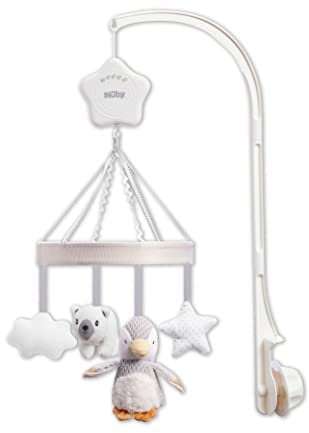 Nuby Kinderbett-Mobile für Babys mit verstellbarem Arm, geeignet für alle Babybetten. Süße Plüschfiguren in Weiß und Grau, einschließlich Pebbles the Pinguin und Pals (1 Stück)