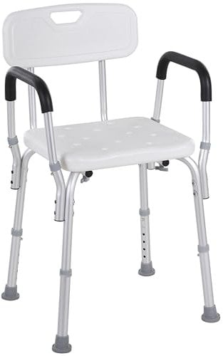 HOMCOM Chaise de Douche siège de Douche Ergonomique Hauteur réglable Pieds antidérapants Dossier accoudoirs Amovibles Charge Max. 136 Kg alu HDPE Blanc